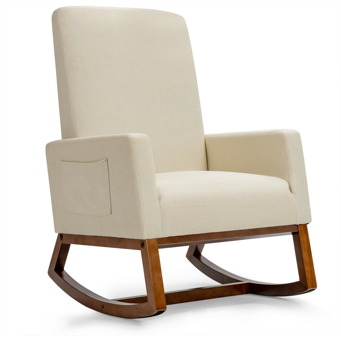 Rocking High Back Upholstered Lounge Armchair with Side Pocket-Beige - Beige