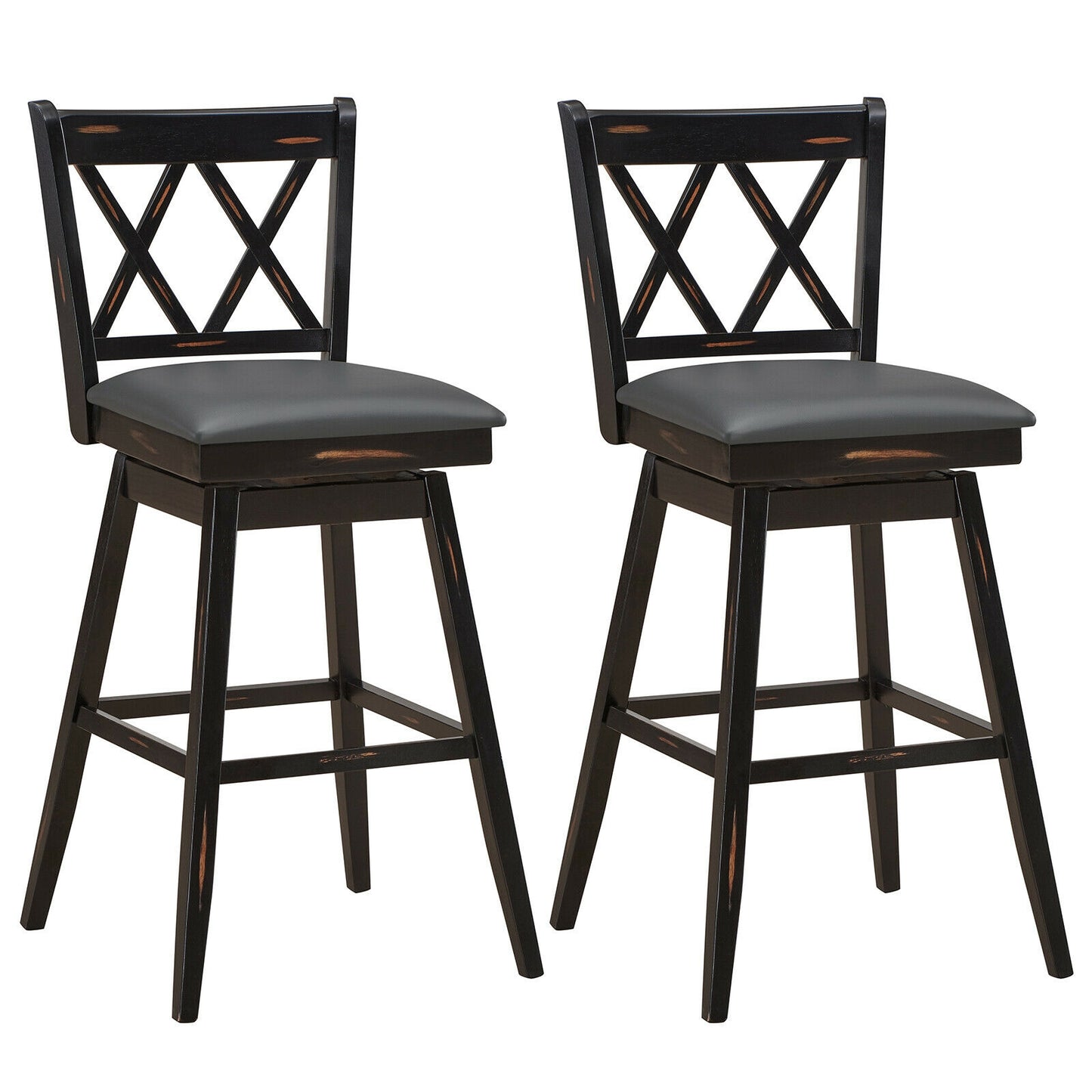 2 Pieces 29 Inches Swivel Counter Height Barstool Set with Rubber Wood Legs-Black - Black