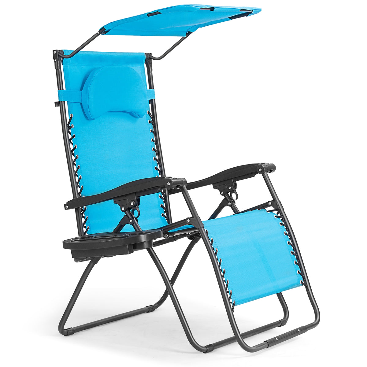 Folding Recliner Lounge Chair with Shade Canopy Cup Holder-Black - Blue