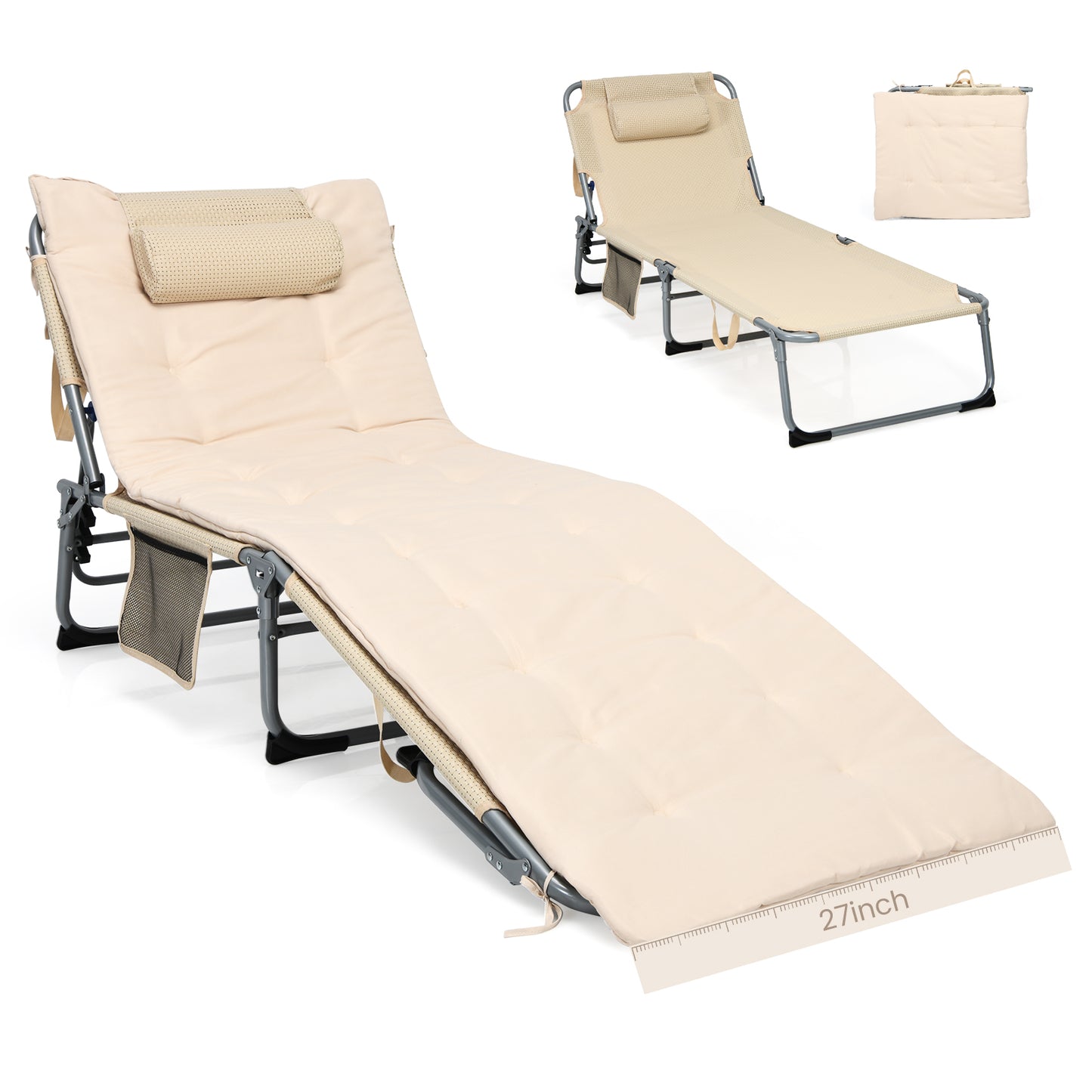 4-Fold Oversize Padded Folding Lounge Chair with Removable Soft Mattress-Beige - Beige