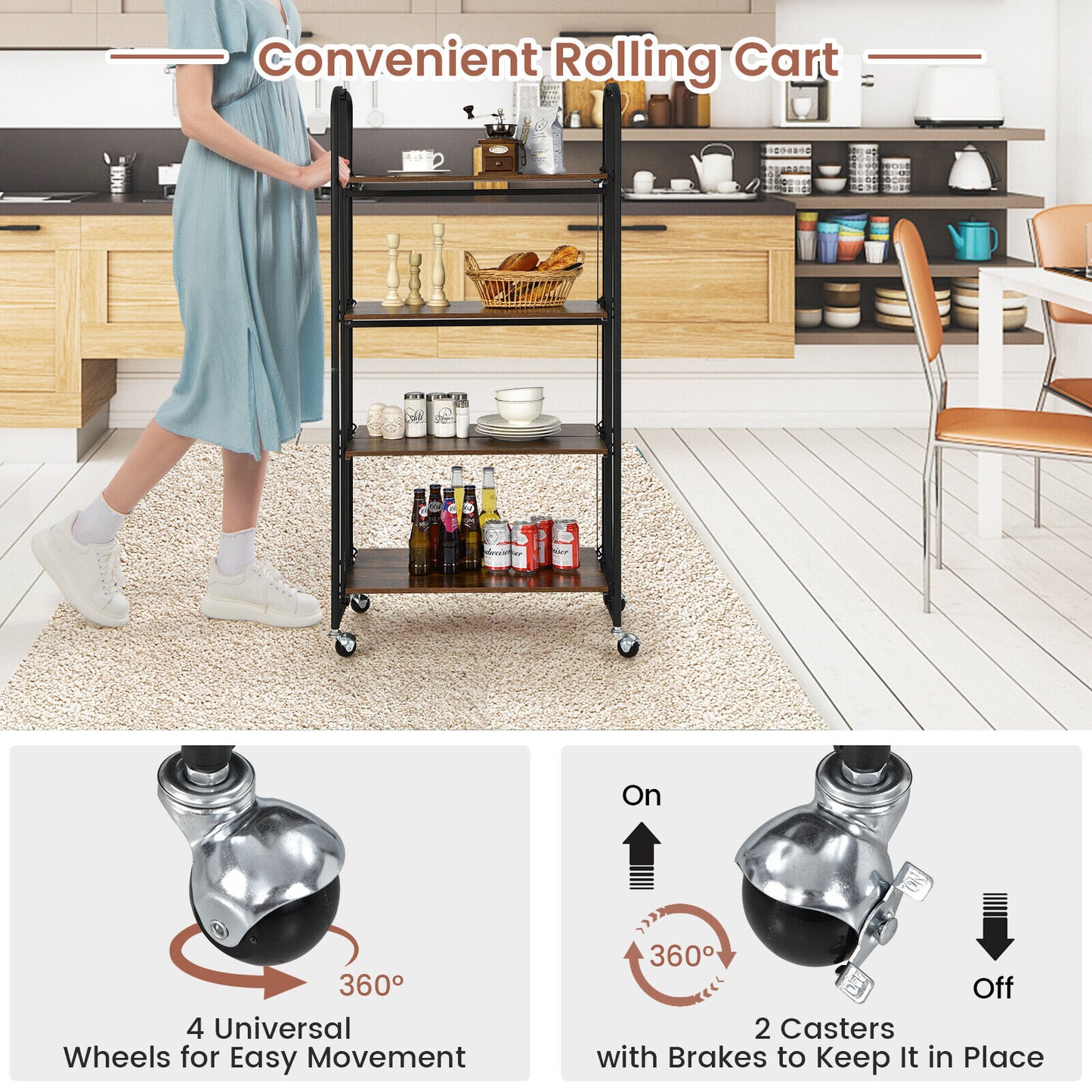 Foldable Rolling Cart with Storage Shelves for Kitchen-4-Tier