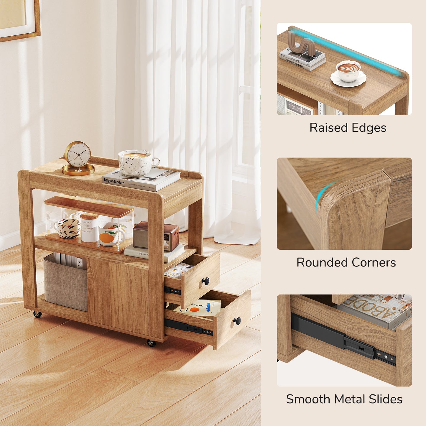 2-Drawer Sofa Side Table with Shelves for Living Room-Natural