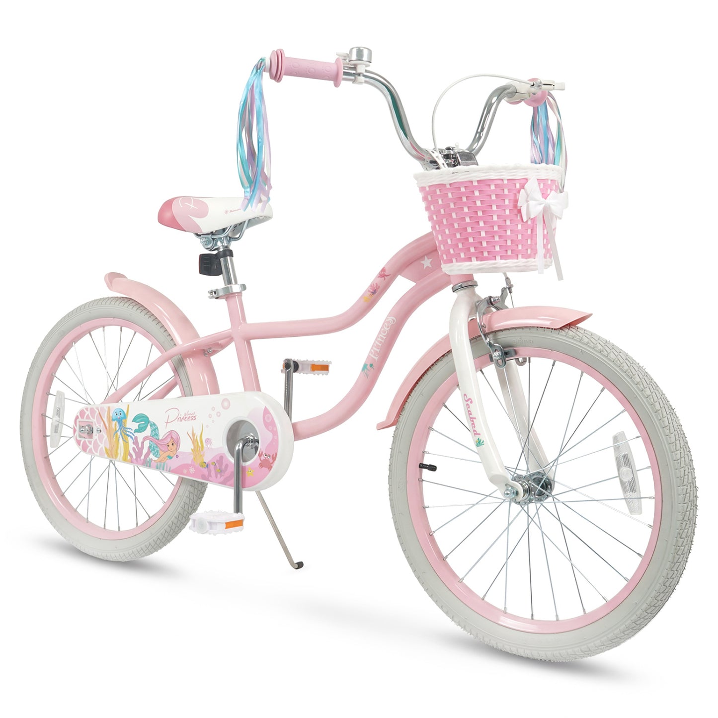 20 Inch Kids Bike Adjustable with Basket and Streamers Pink - Princess of the Sea Theme - Princess Of The Sea Theme