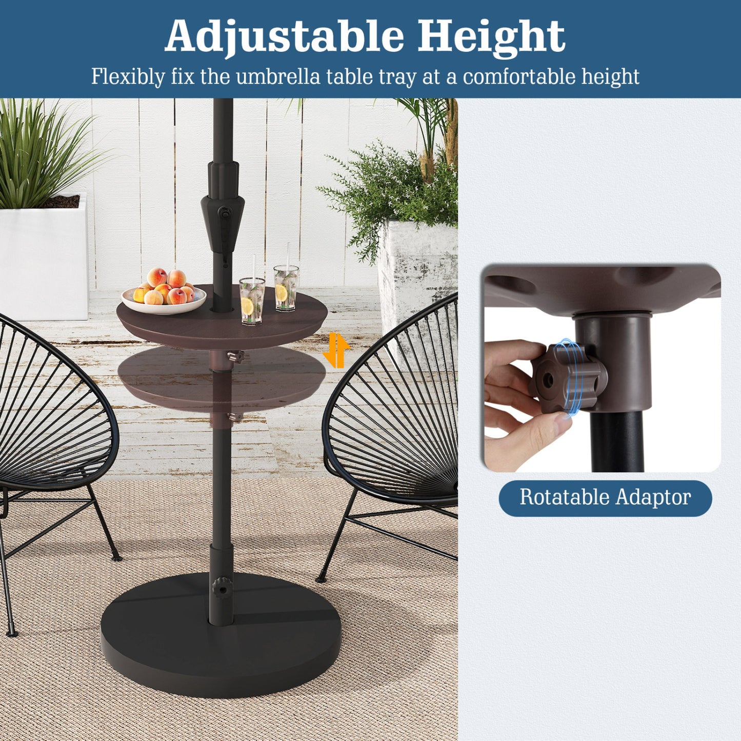 20 Inch Outdoor Adjustable Umbrella Table for 2 Sizes Patio Umbrella Pole-Coffee