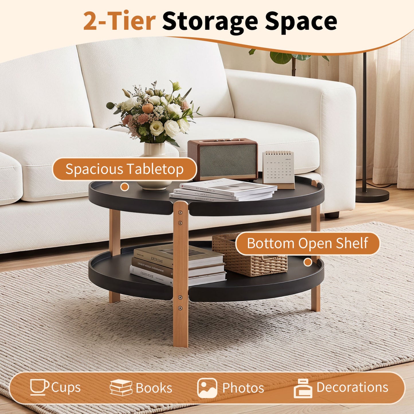 23.5" Round Coffee Table with 2-Tier Open Storage Shelf