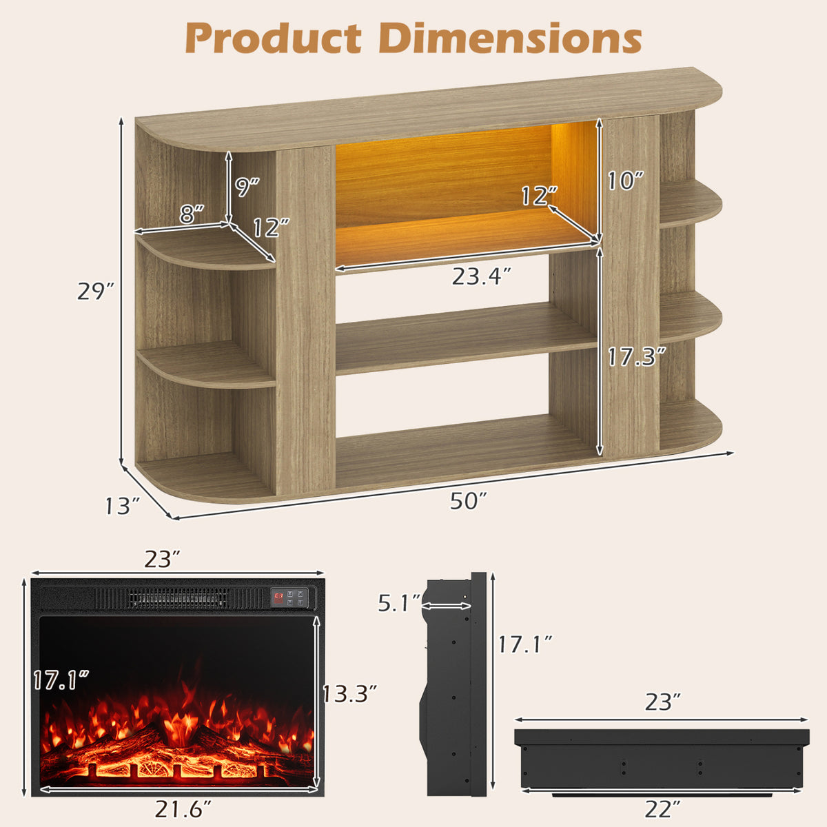 23” Electric Fireplace and 50” Fireplace TV Stand with RGB Lights for Living Room