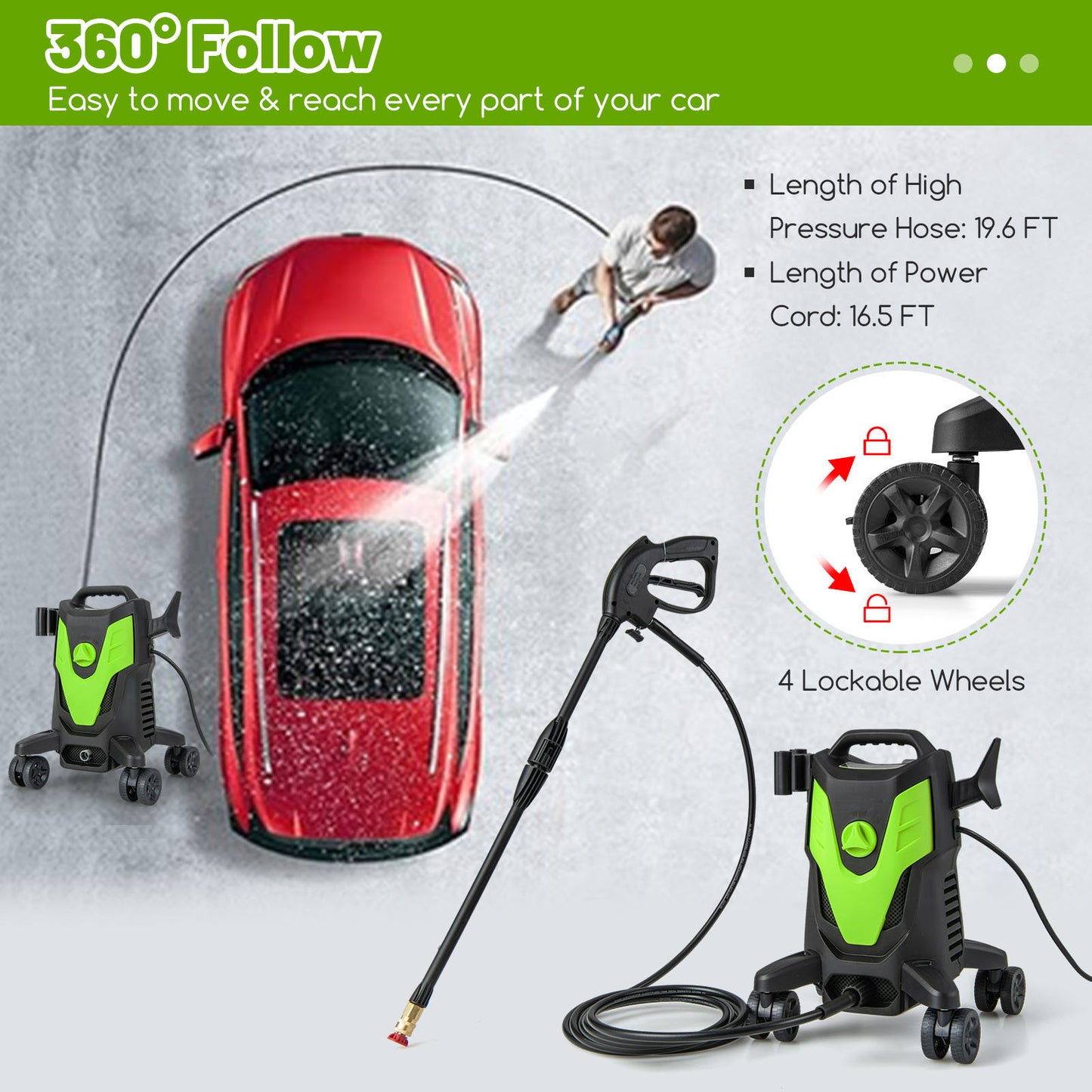 2400 PSI Electric Pressure Washer with 4 Universal Wheels