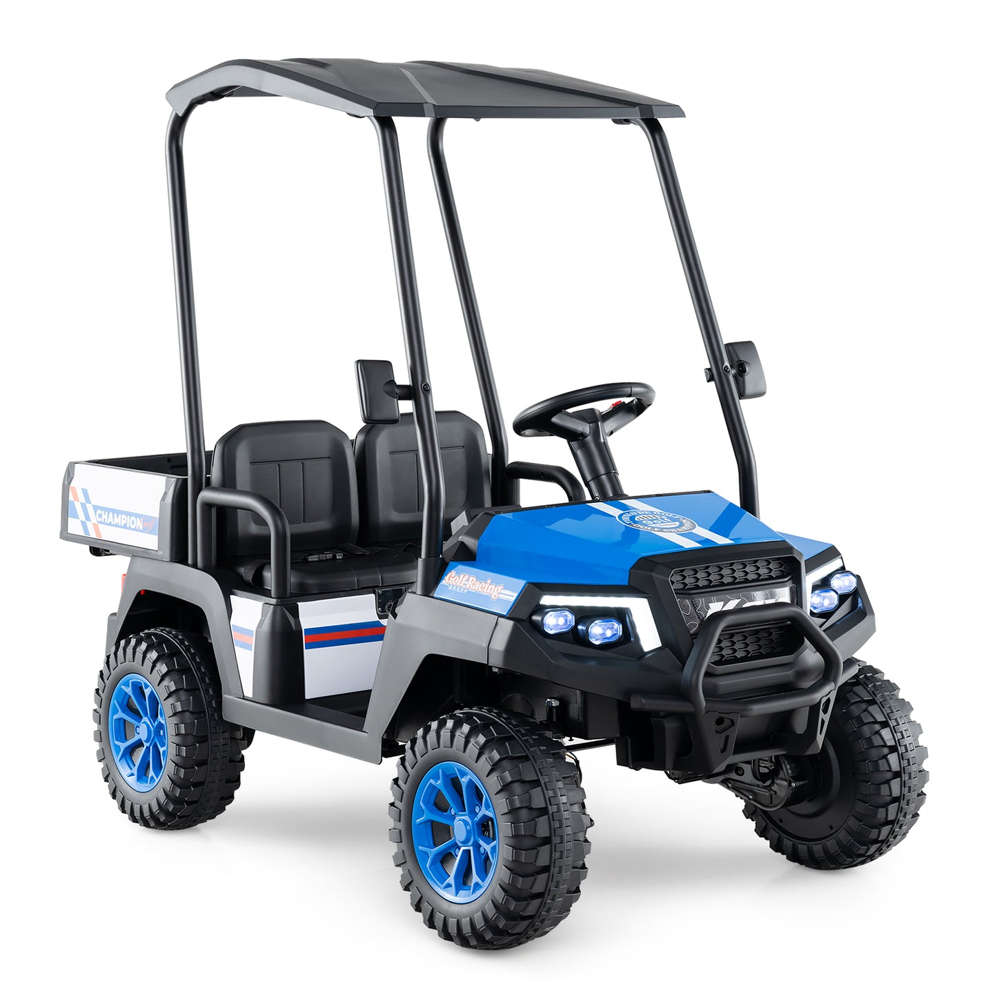24V Kids Golf Cart 4WD 2-Seater Ride on Car with Storage Trunk and Horn-Black - Blue