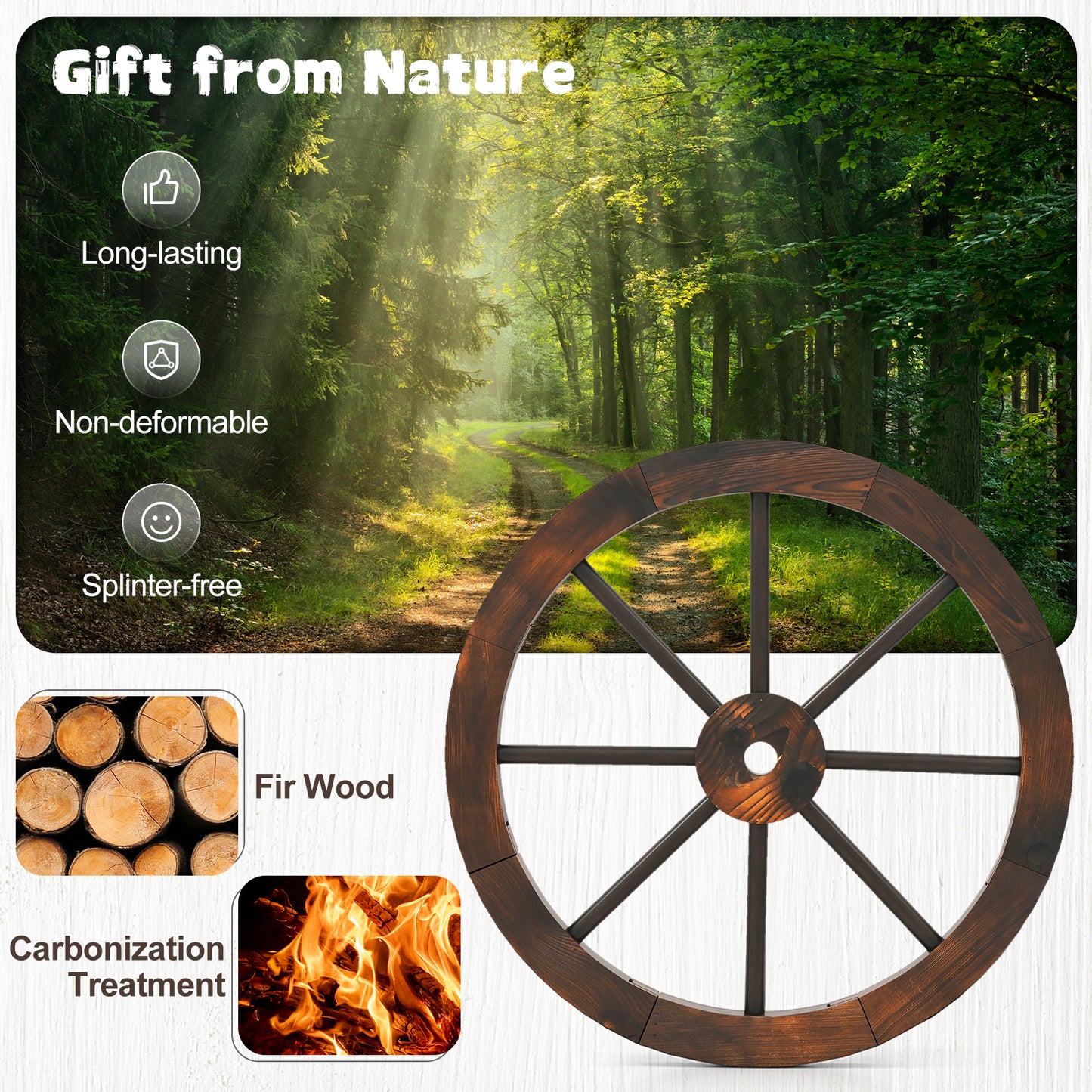 24 Inch Set of 2 Decorative Wooden Wagon Wheel Carbonized Solid Fir Wood