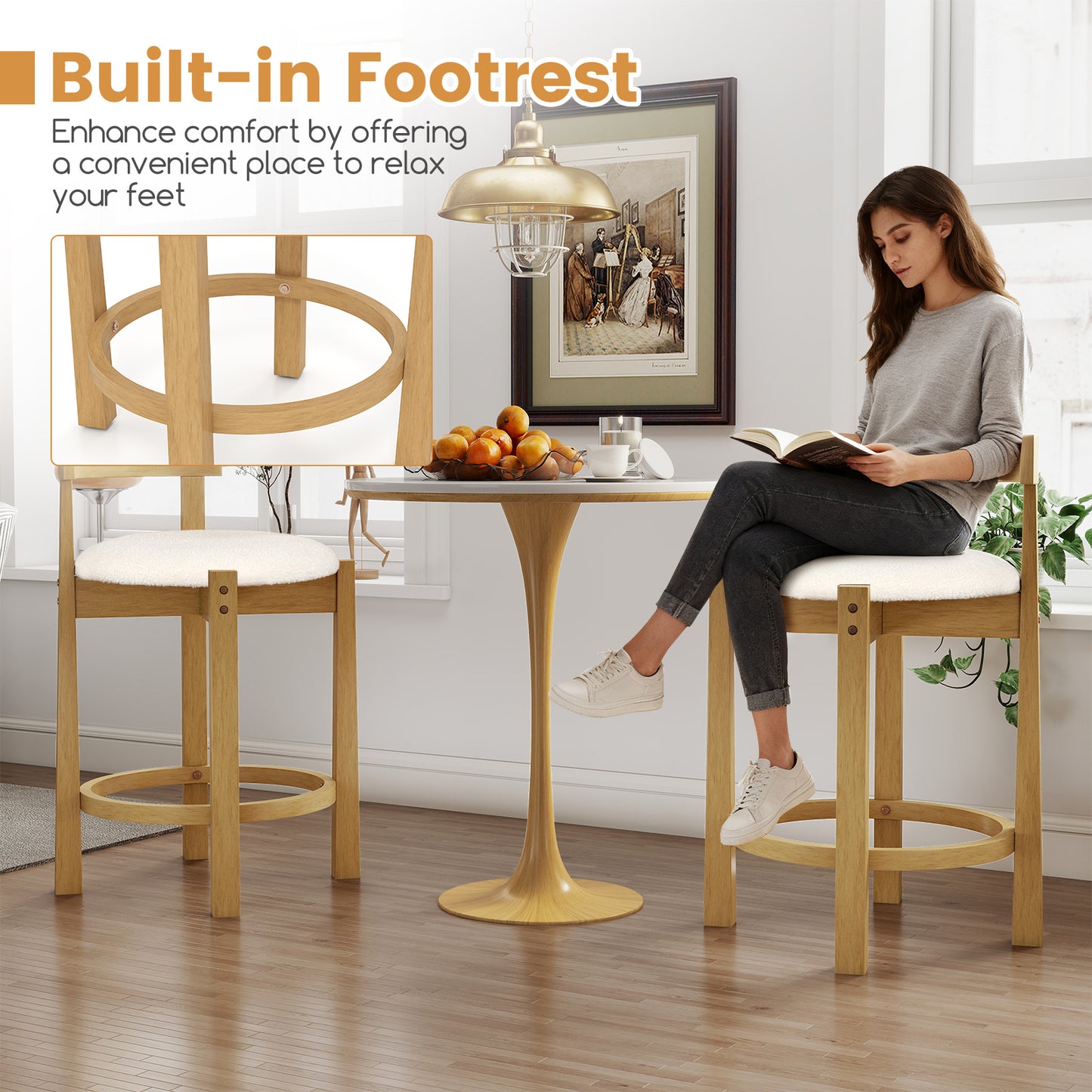 24 Inch Teddy Velvet Upholstered Counter Height Bar Stools with Backrests and Footrests-Set of 4