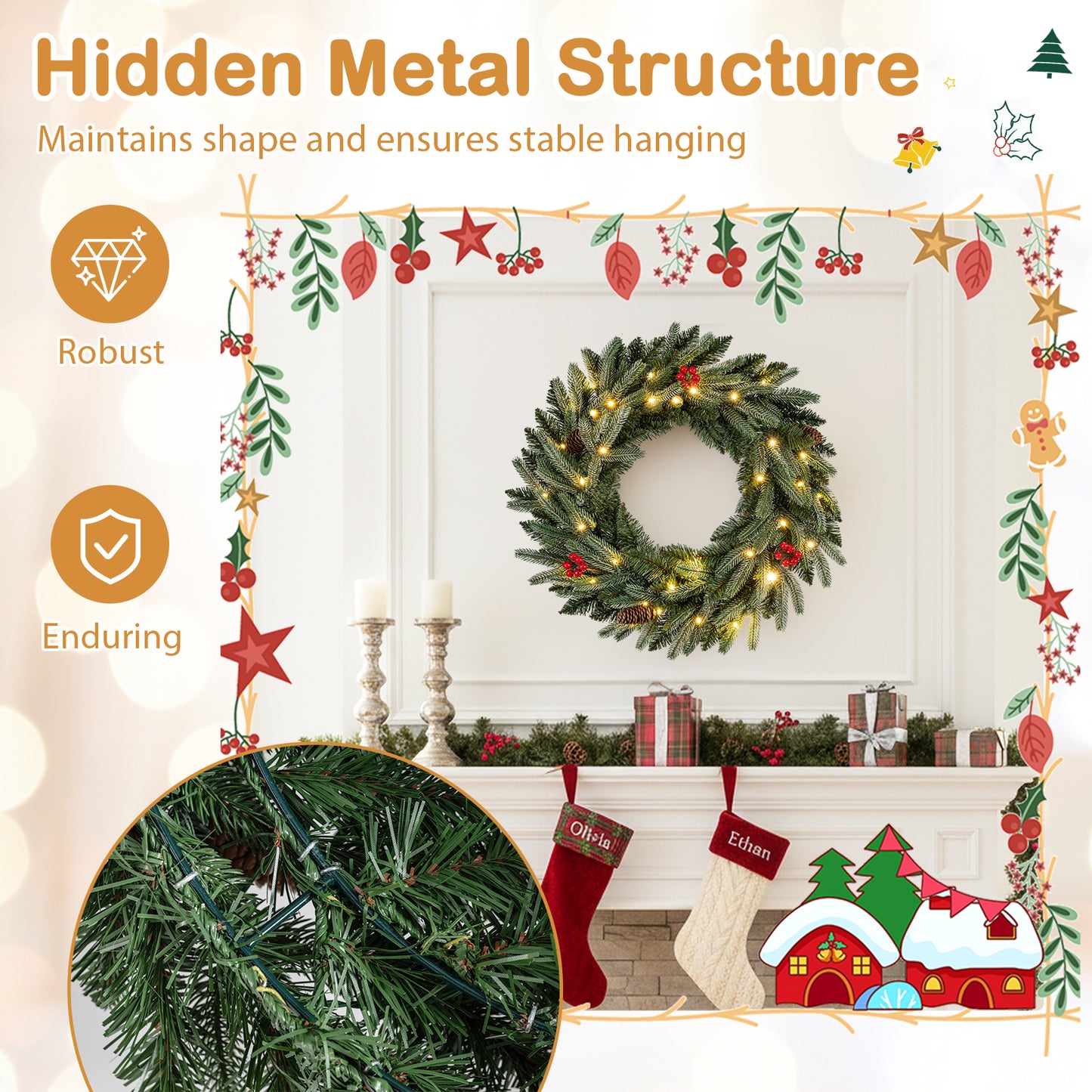 24” Pre-lit Christmas Wreath Front Door Artificial Xmas Wreath with 90 Frosted Branch Tips