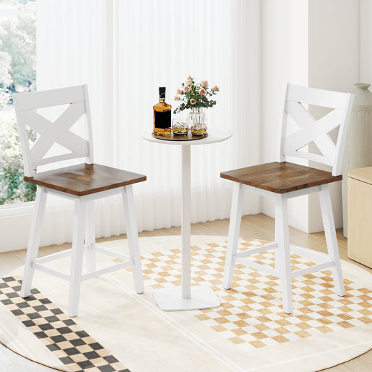 24" Rubberwood Swivel Barstools Set of 2 with Backrest and Large Seat-White