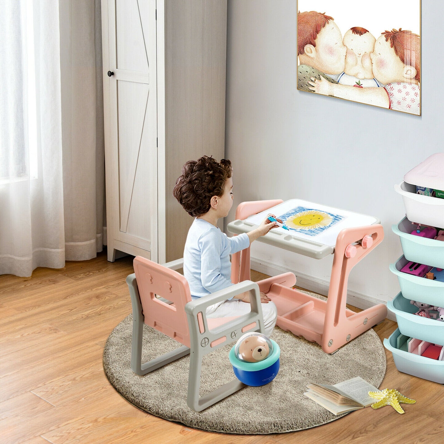 2 in 1 Kids Easel Table and Chair Set with Adjustable Art Painting Board-Pink