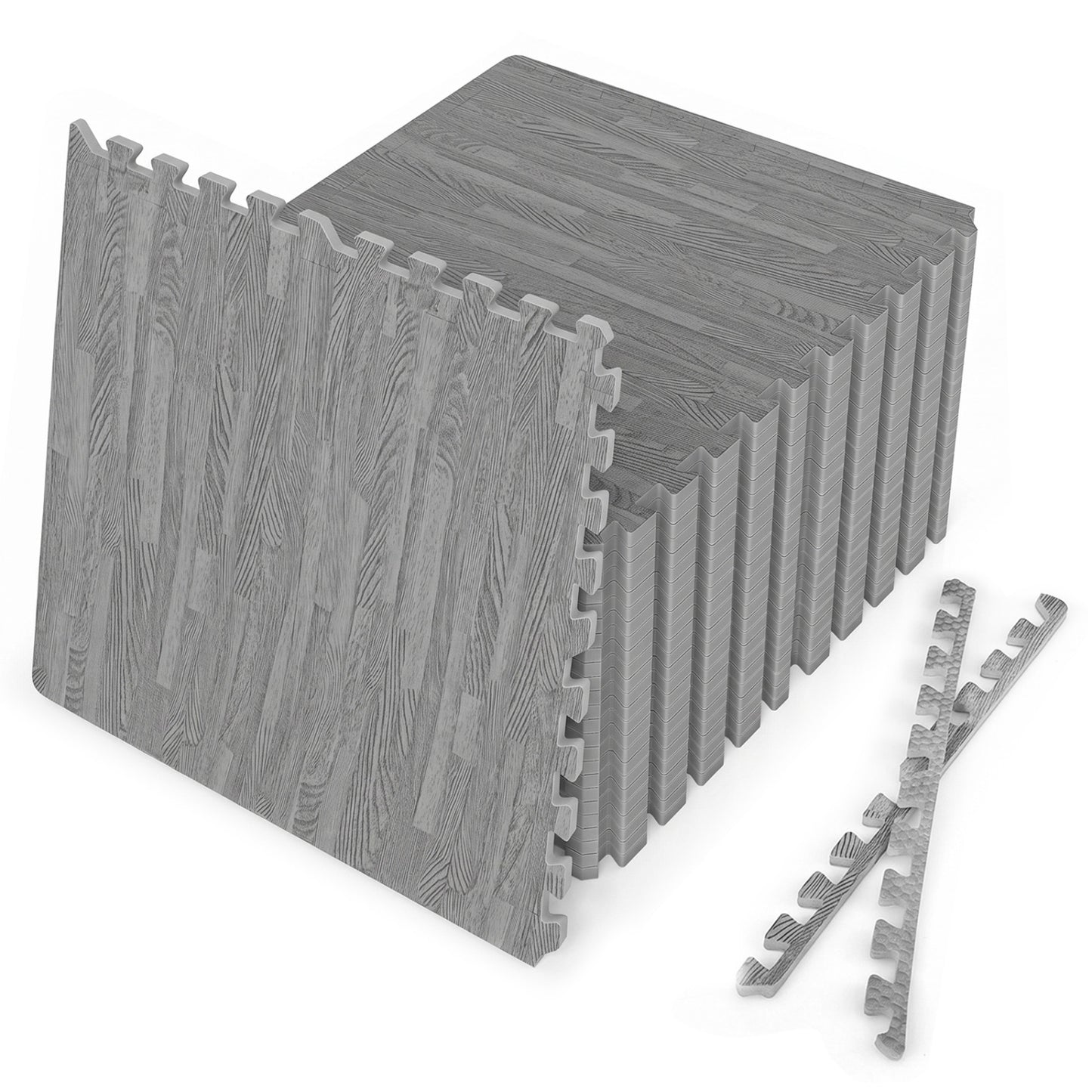 25 Tiles Wood Grain Foam Floor Mats with Borders-Brown - Gray