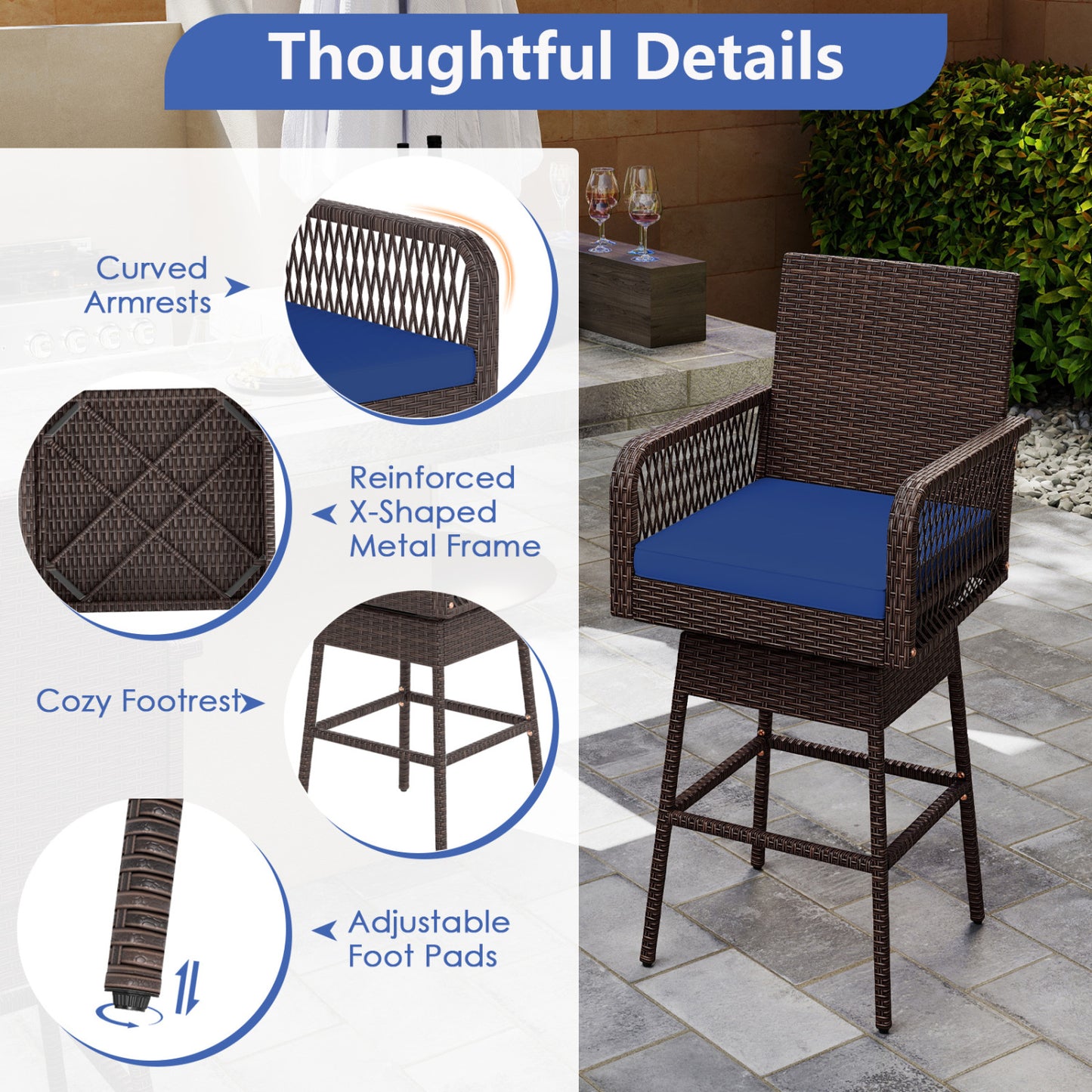 360° Swivel Bar Stool 29" Height with Cushion & Armrests