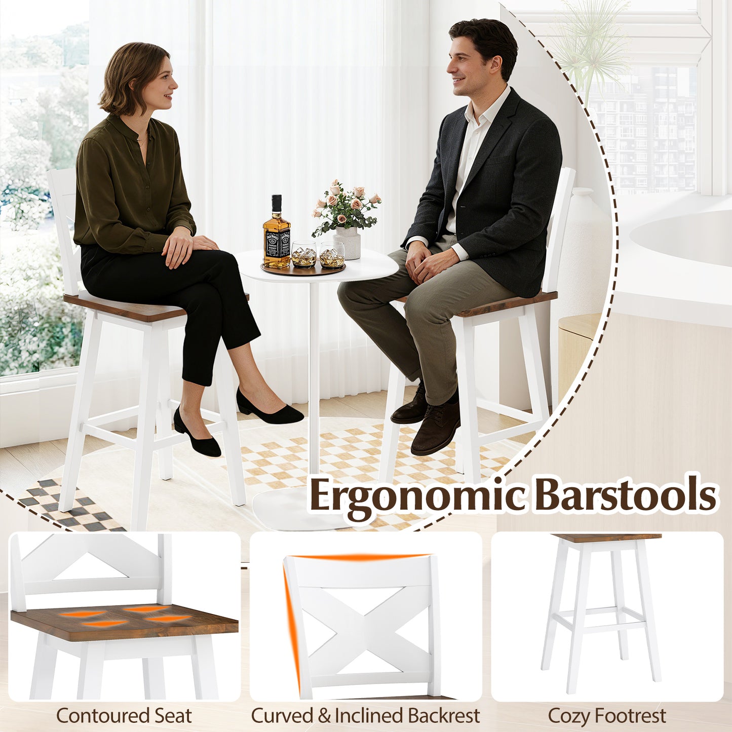 29" Rubberwood Swivel Barstools Set of 2 with Backrest and Large Seat-White