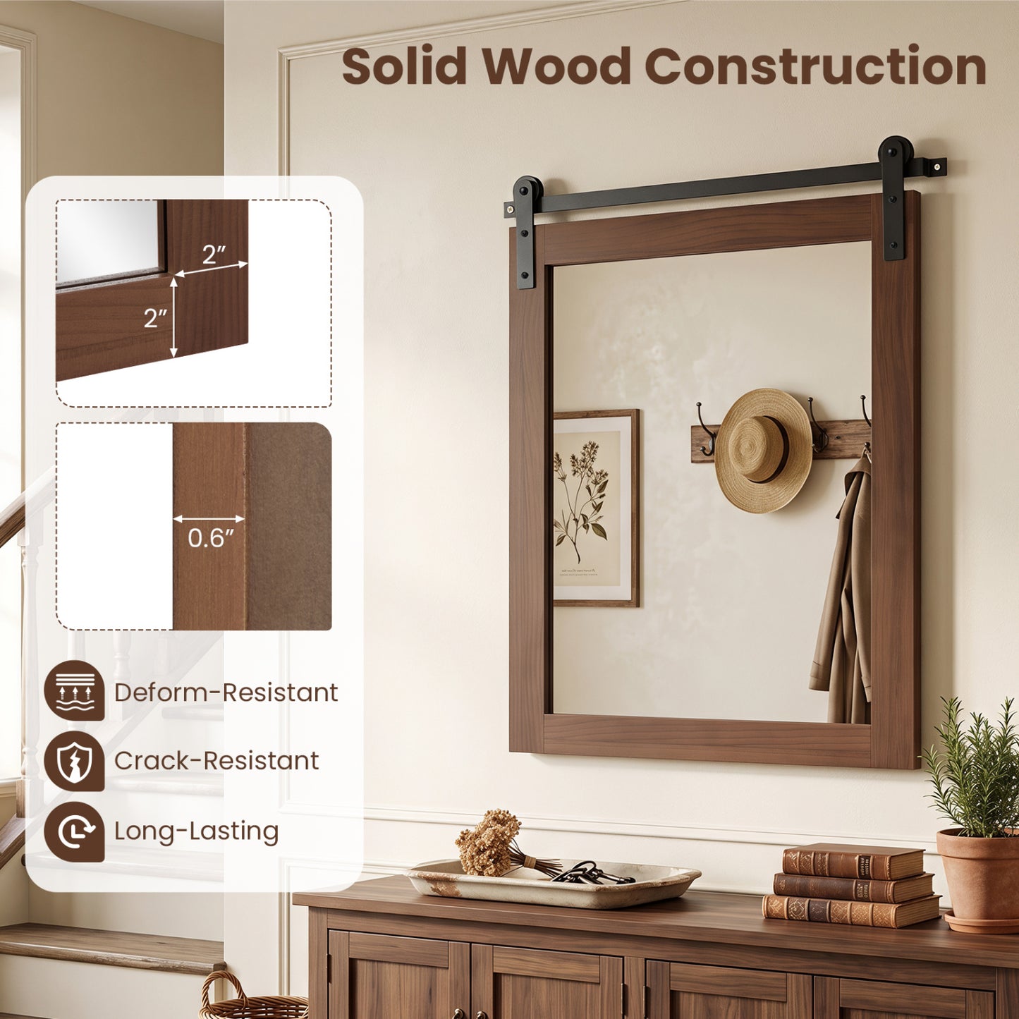 Rectangle Farmhouse Wall Mirror with Metal Bracket 29" x 23"