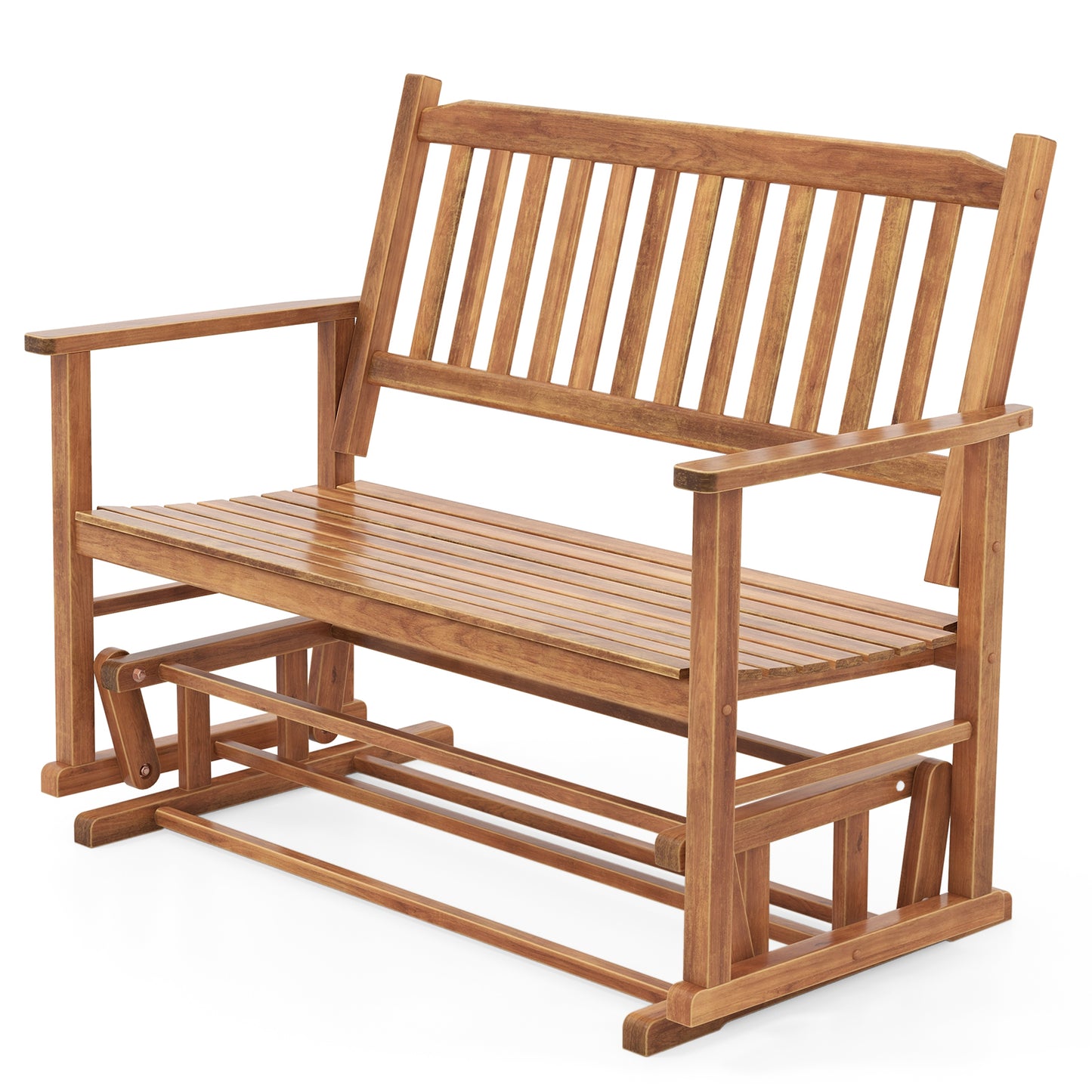 2 Seats Outdoor Glider Bench with Armrests and Slatted Seat-White - Natural