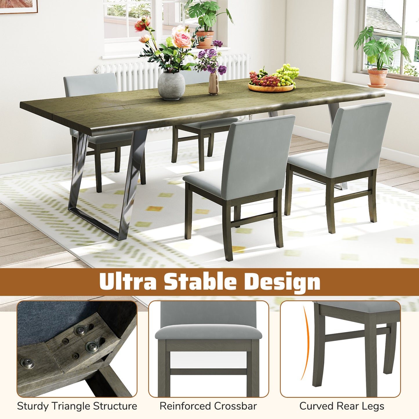 Upholstered Dining Chairs Set of 2 with Rubber Wood Legs and High Back-Gray