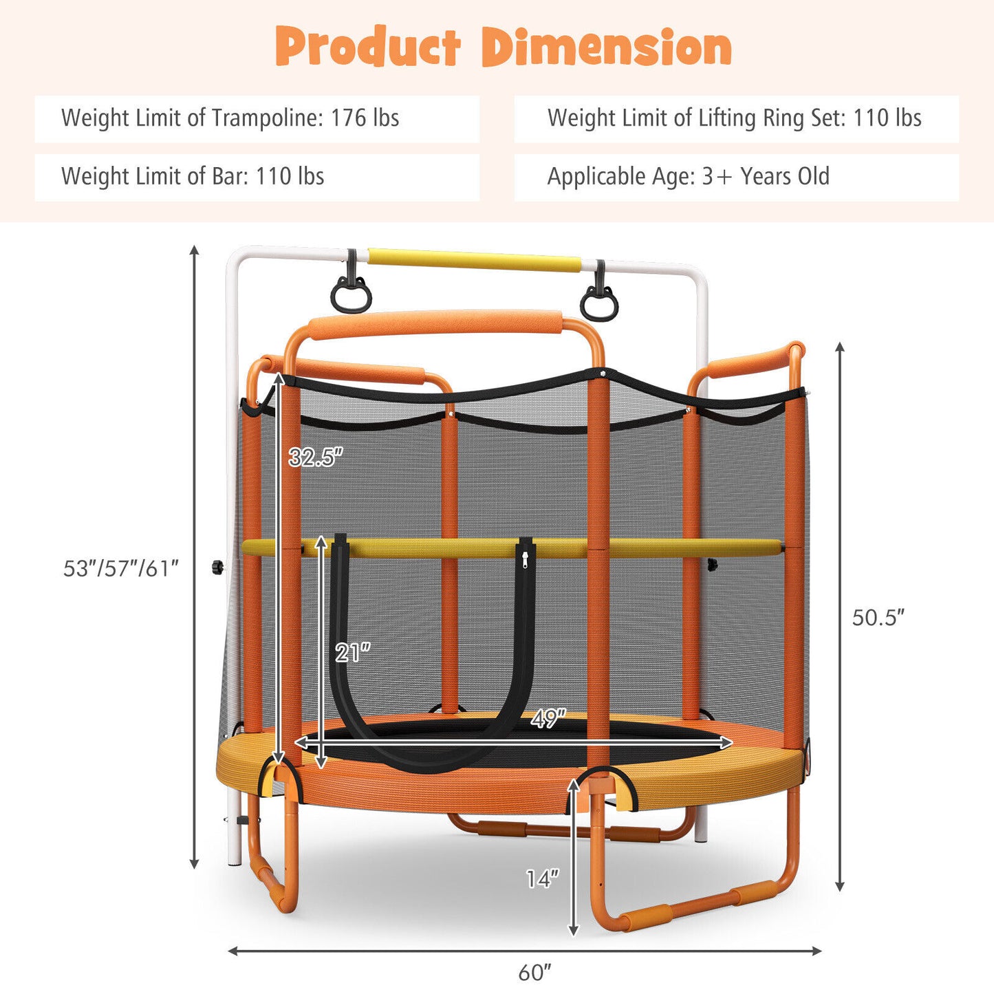 5 Feet Kids 3-in-1 Game Trampoline with Enclosure Net Spring Pad-Orange - Orange
