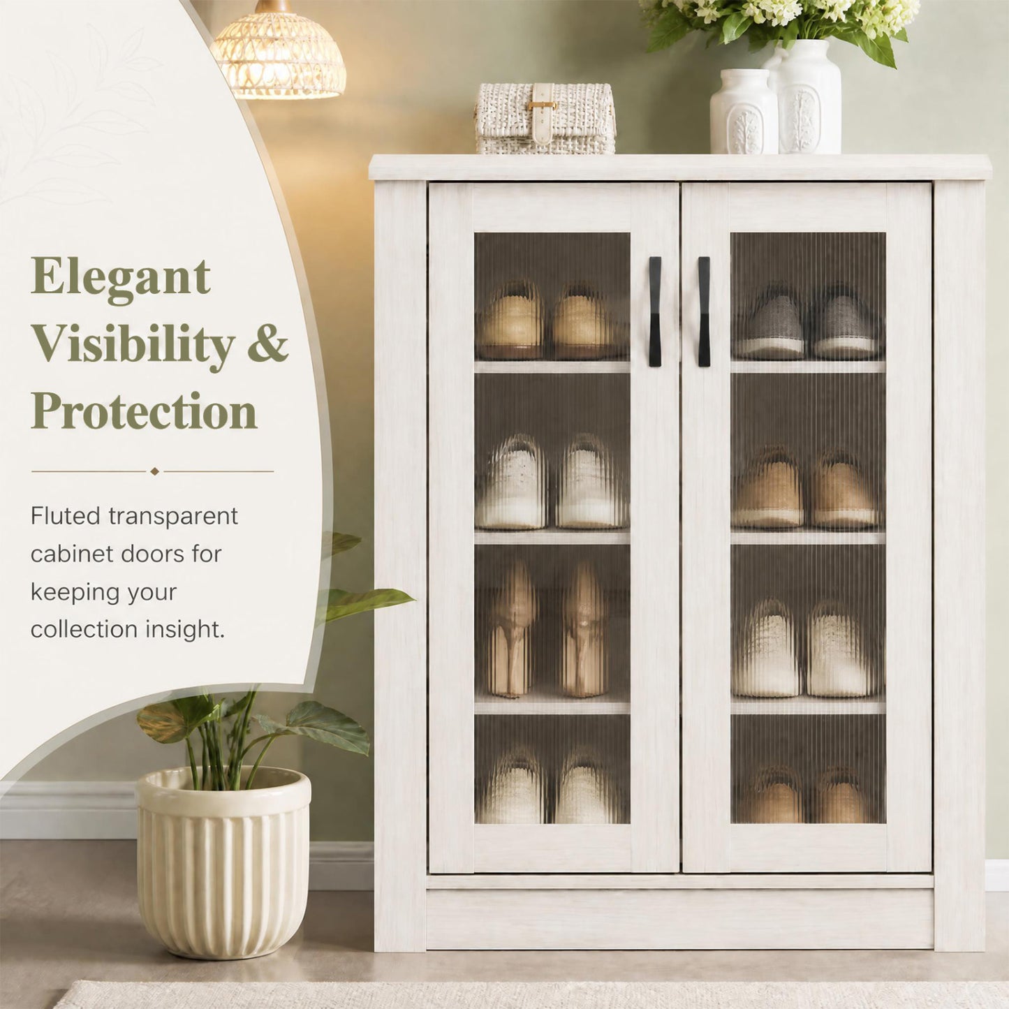 2-Door Shoe Cabinet with Removable Shelves - White