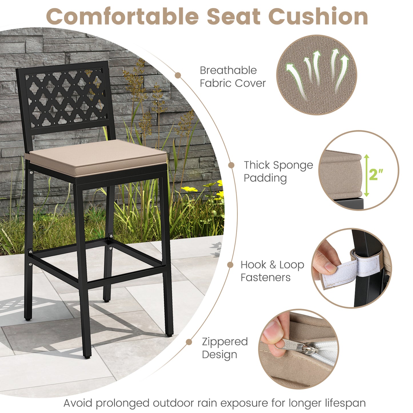 Set of 2 Patio Bar Chairs Counter Height with Detachable Cushion and Footrest-Argyle Pattern