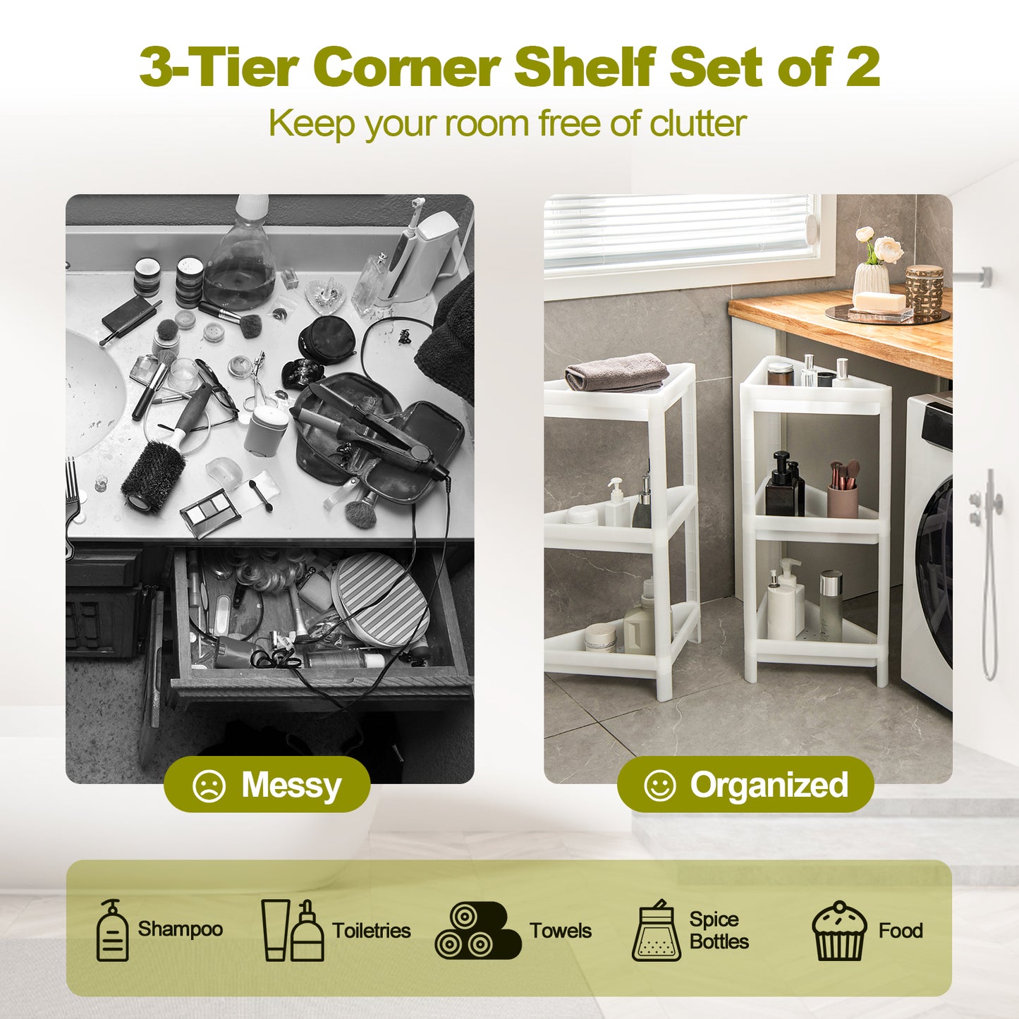 2 Pack 3-Tier Detachable Floor Corner Shower Shelf with Drainage Holes-White