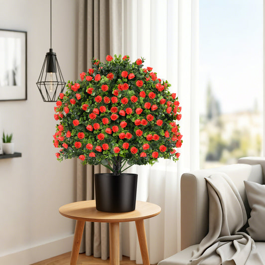 2 Pack Artificial Rose Topiary Ball Tree Faux Shrub Bushes with Flowers-Red