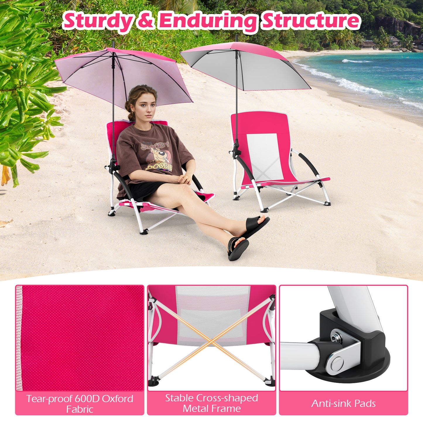 2 Pack Beach Umbrella Chair for Adults with Adjustable Parasol-Pink