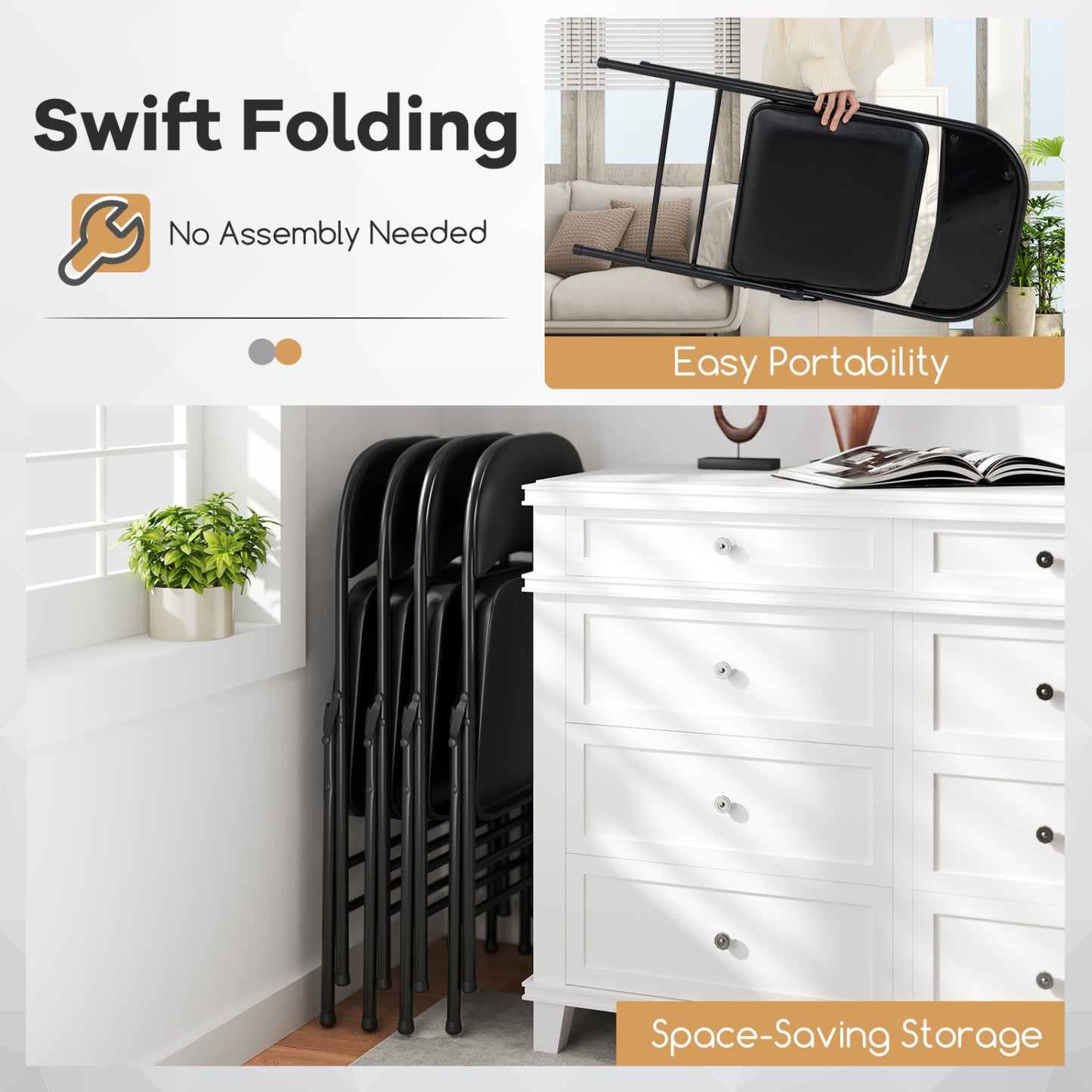 Folding Conference Chairs 4-Pack with Padded Seats - Black