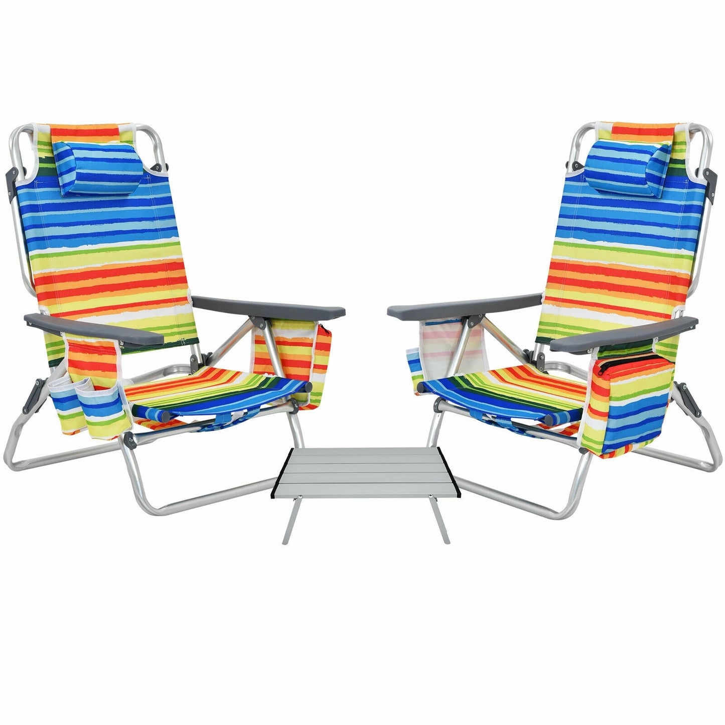2 Packs 5-Position Outdoor Folding Backpack Beach Table Chair Reclining Chair Set-Green - Yellow