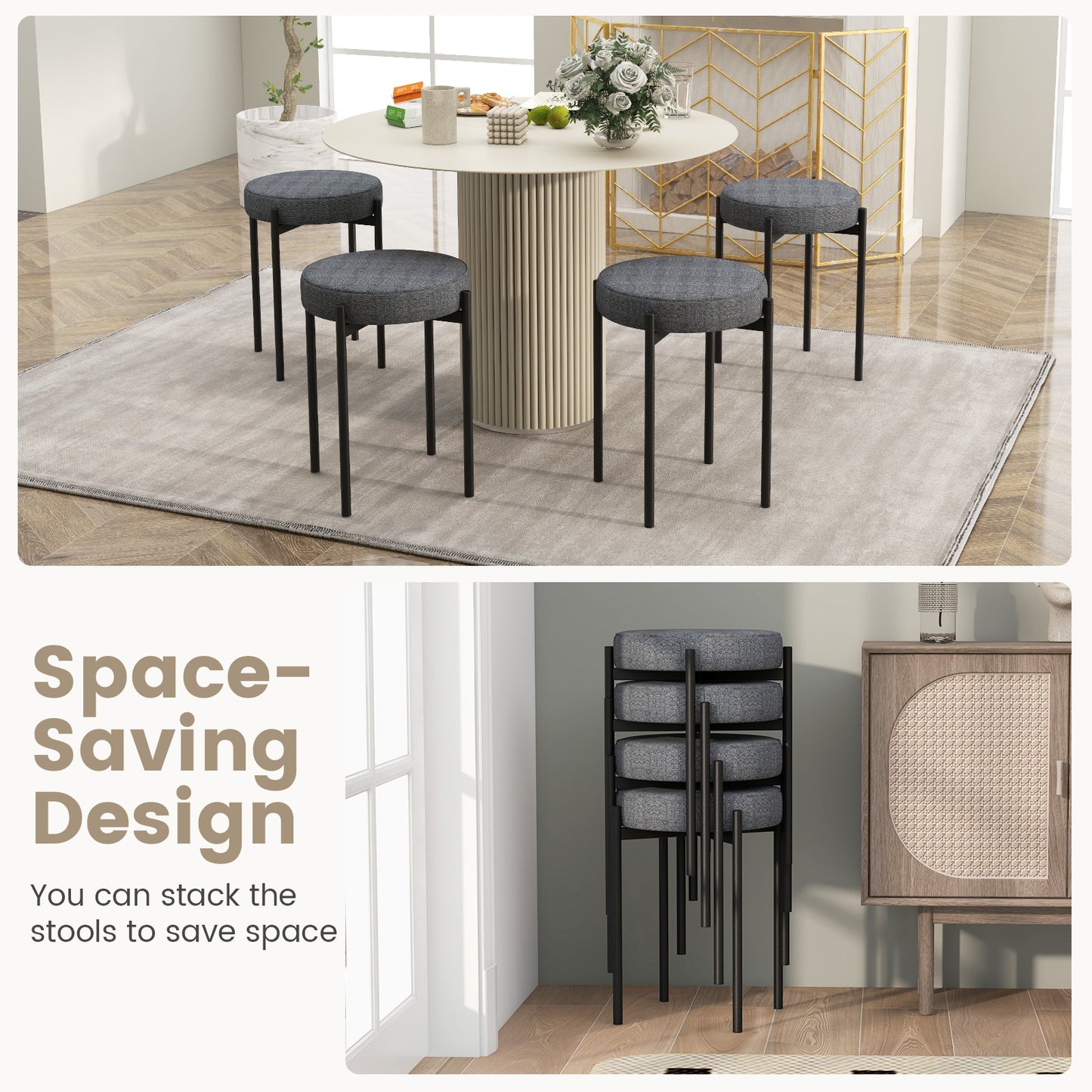 Bar Stools Set of 4 Upholstered Kitchen Stools with Foot Pads-Dark Gray