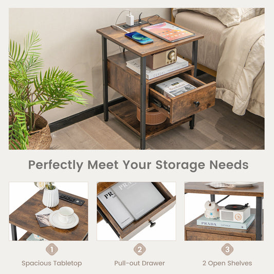 1/2 Pieces 3-Tier Nightstand with Charging Station and Drawer-Set of 2