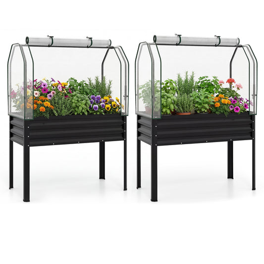 2 Pieces Galvanized Raised Garden Bed with Legs and Greenhouse Cover for Vegetable Flower