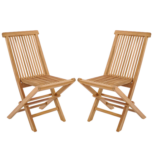 Set of 2 Indonesia Teak Patio Folding Chairs with High Back and Slatted Seat