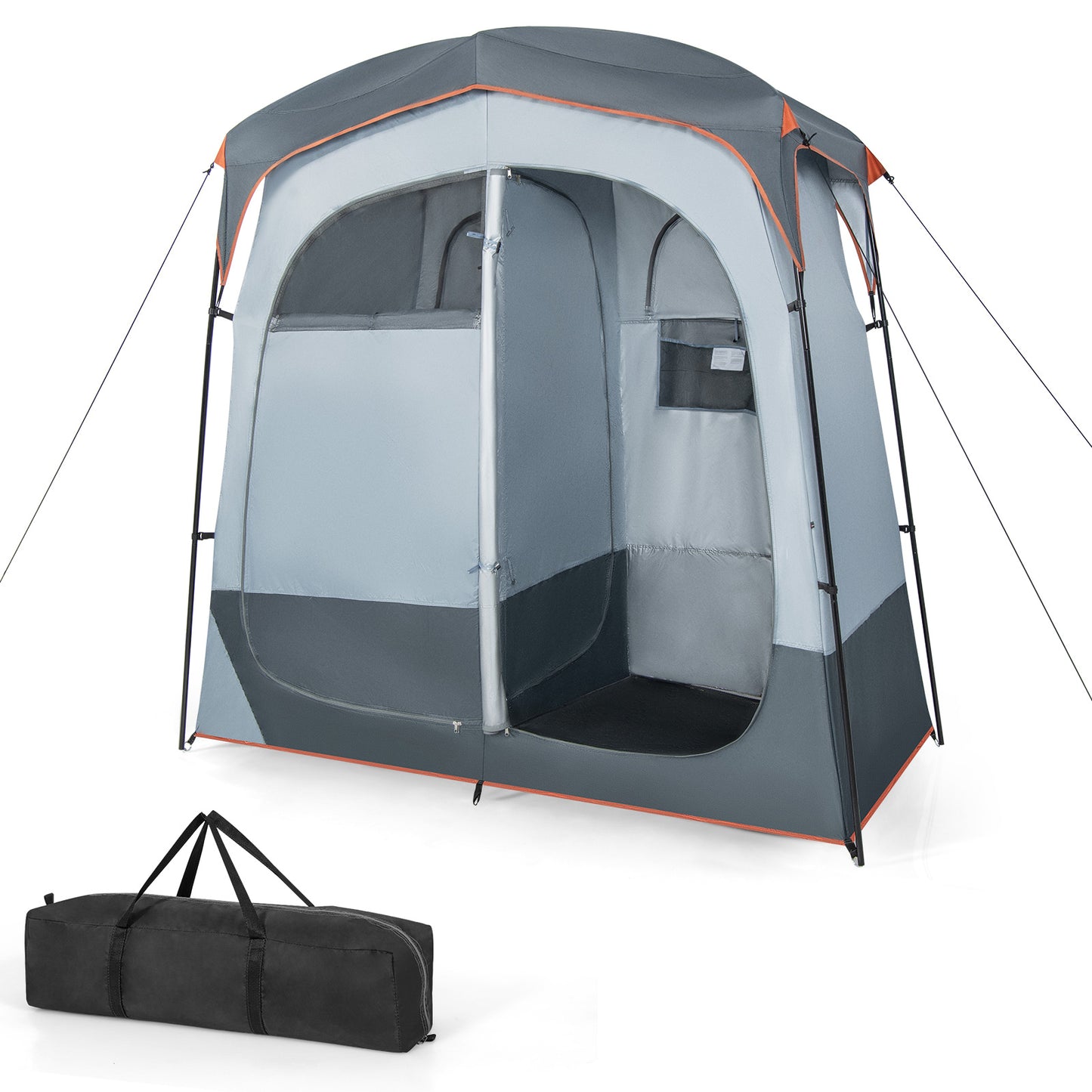 2 Rooms Oversize Privacy Shower Tent with Removable Rain Fly and Inside Pocket-Blue - Gray