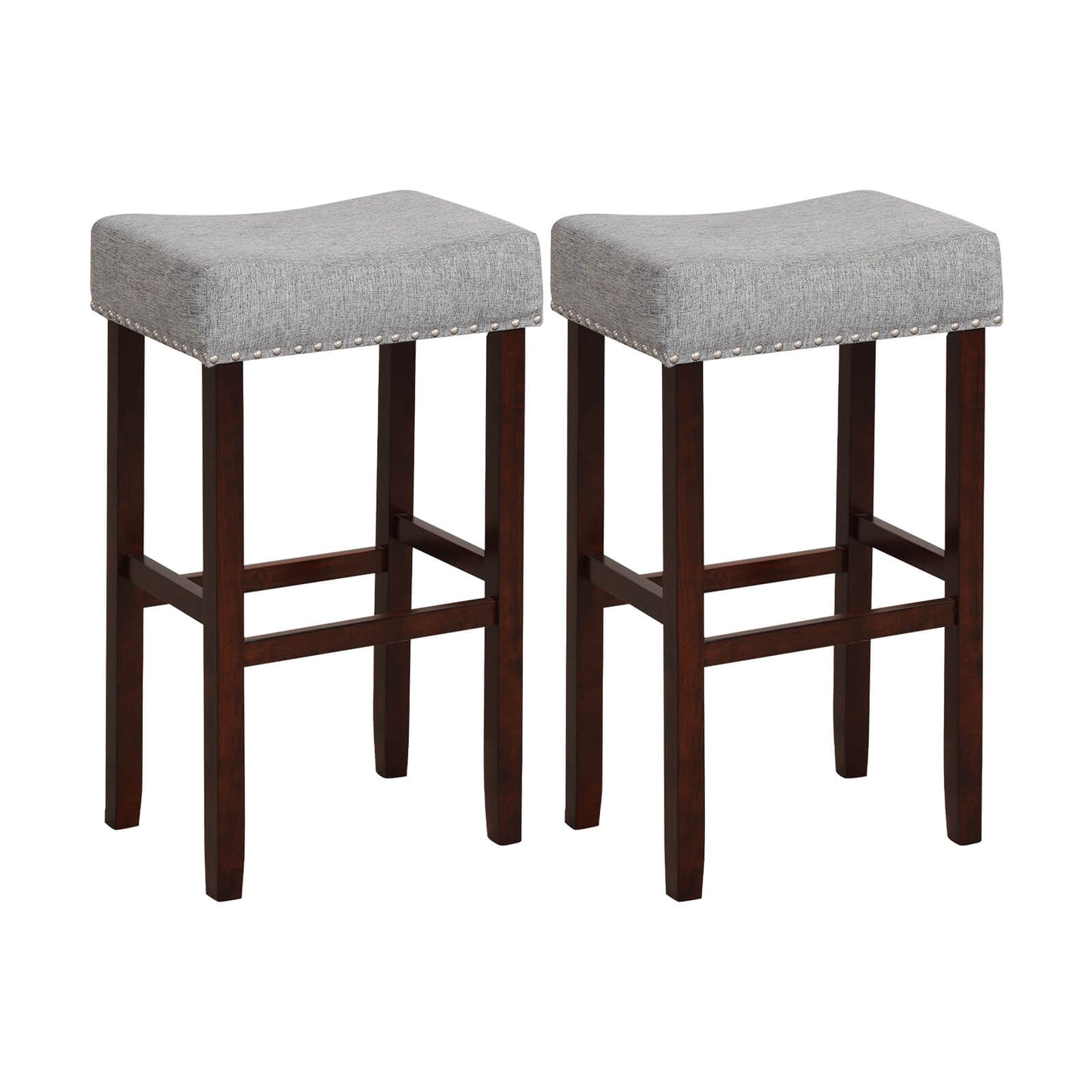 29 Inch Set of 2 Height Upholstered Bar Stool with Solid Rubber Wood Legs and Footrest-Gray - Gray