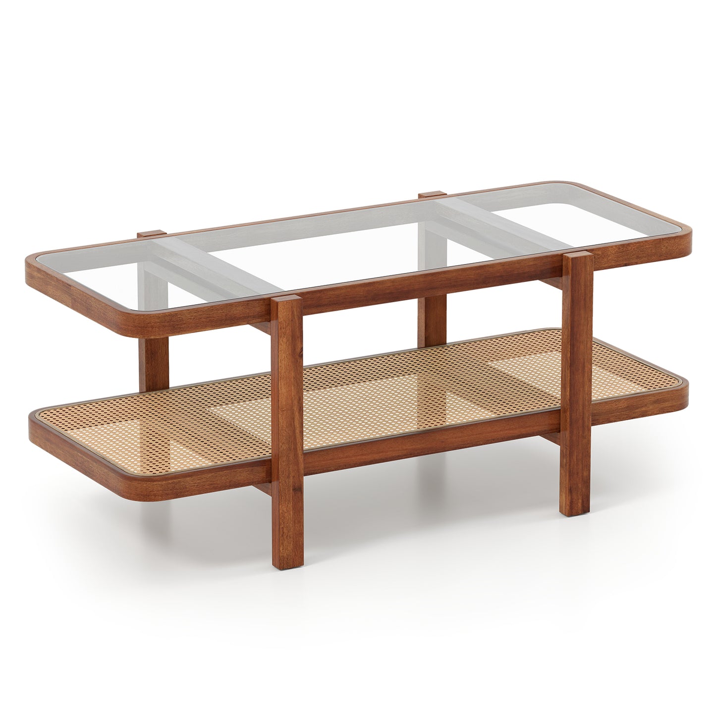 2-Tier Coffee Table with Storage and Tempered Glass Tabletop-Coffee - Coffee