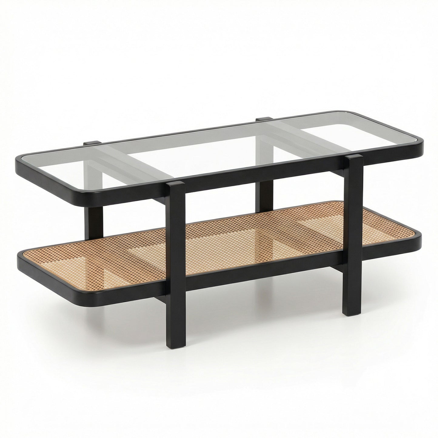 2-Tier Coffee Table with Storage and Tempered Glass Tabletop-Coffee - Black