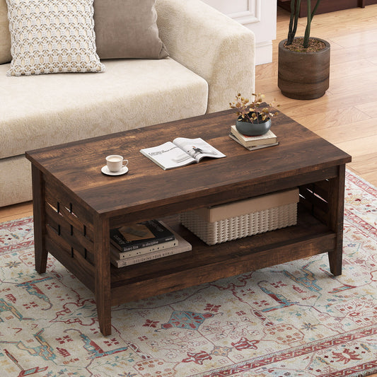 2-Tier Farmhouse Coffee Table with Open Shelf and Woven Decorations for Living Room-Rustic Brown