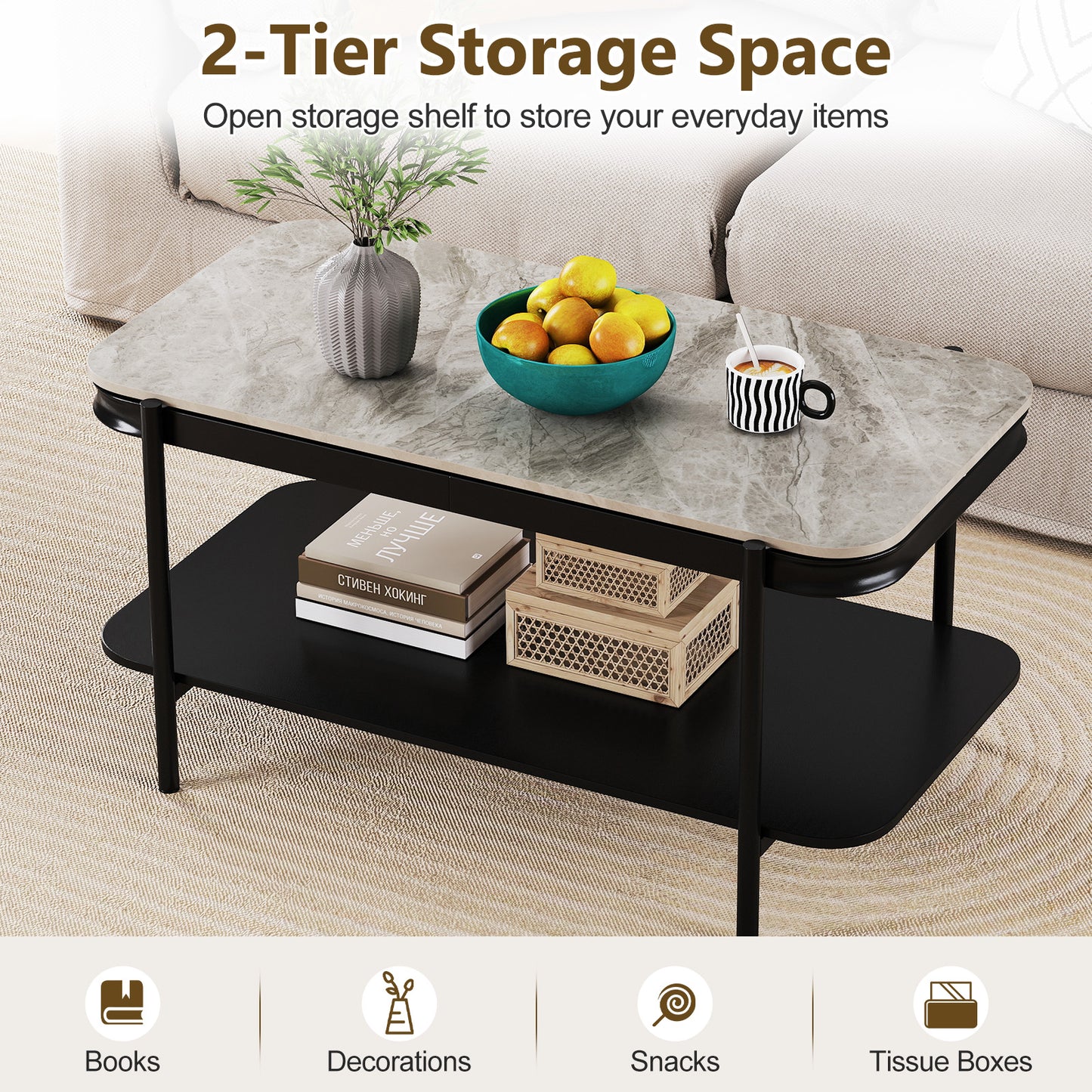2-Tier Modern Rectangular Coffee Table with Sintered Stone Top-Gray