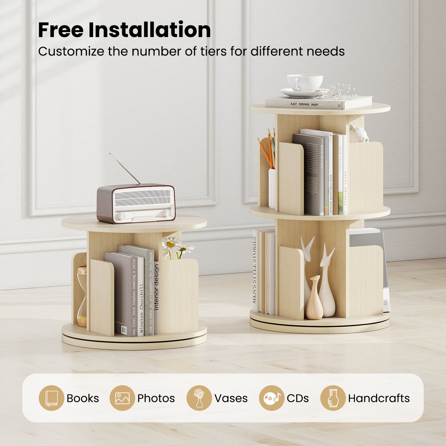 2-Tier Rotating Bookshelf with Dividers and Anti-falling Baffles-Natural