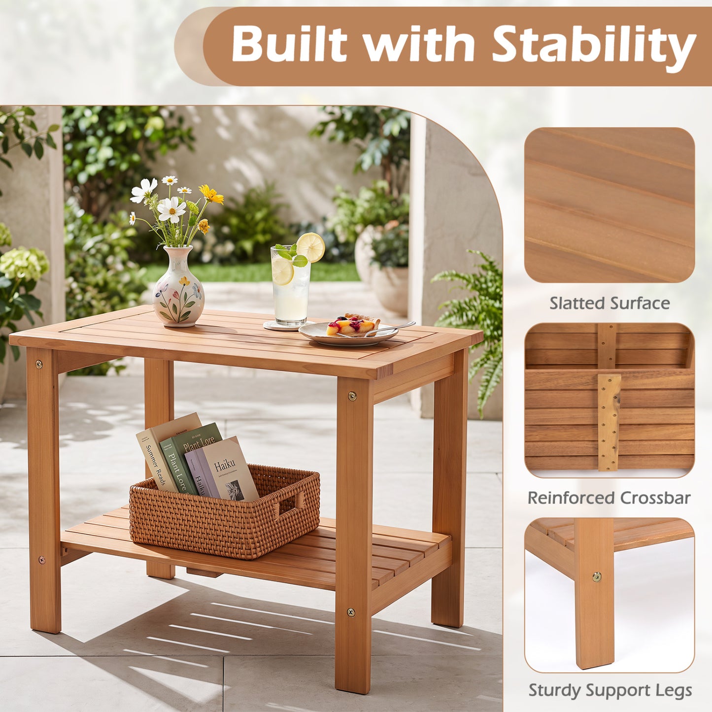 2-Tier Eucalyptus Wood Patio End Table with Storage Shelf