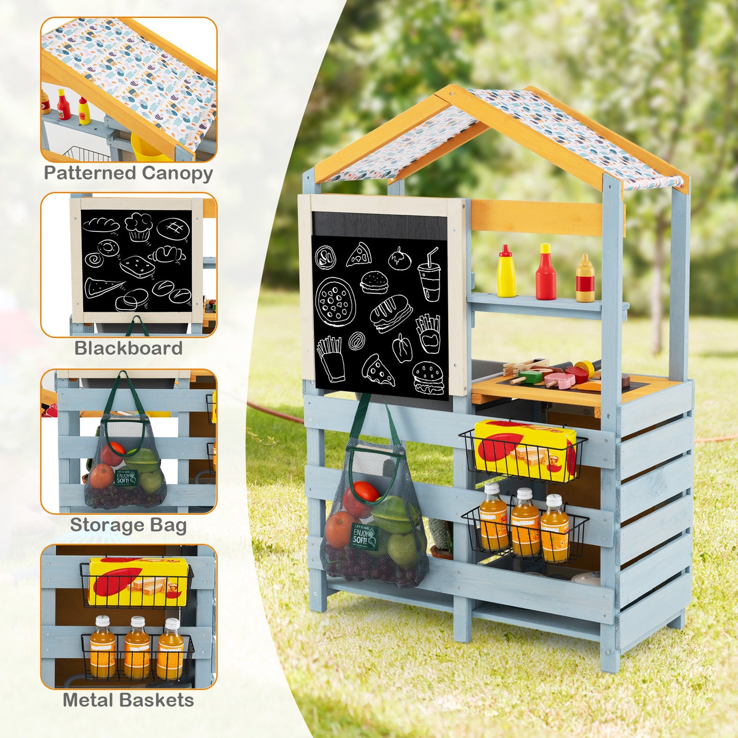 2 in 1 Wooden Mud Kitchen with Removable Water Box and Storage Bag-Gray