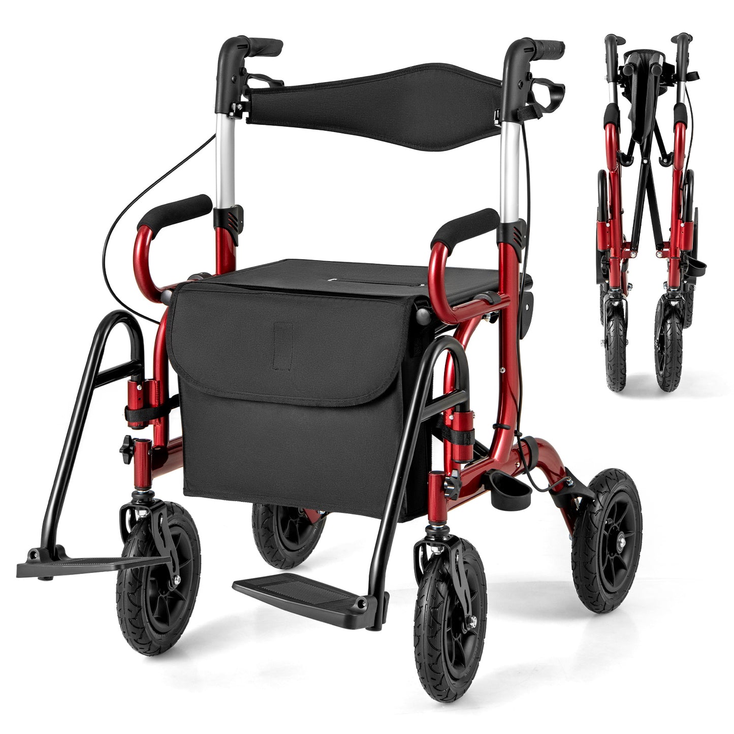 2-in-1 Foldable Rollator Walker with Seat abd 9 Inch Pneumatic Tires for Seniors-Navy - Red