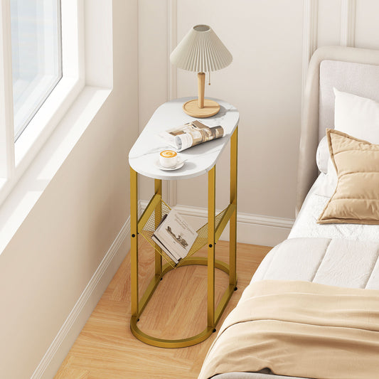2-tier Industrial Oval Side Table with Mesh Shelf-White