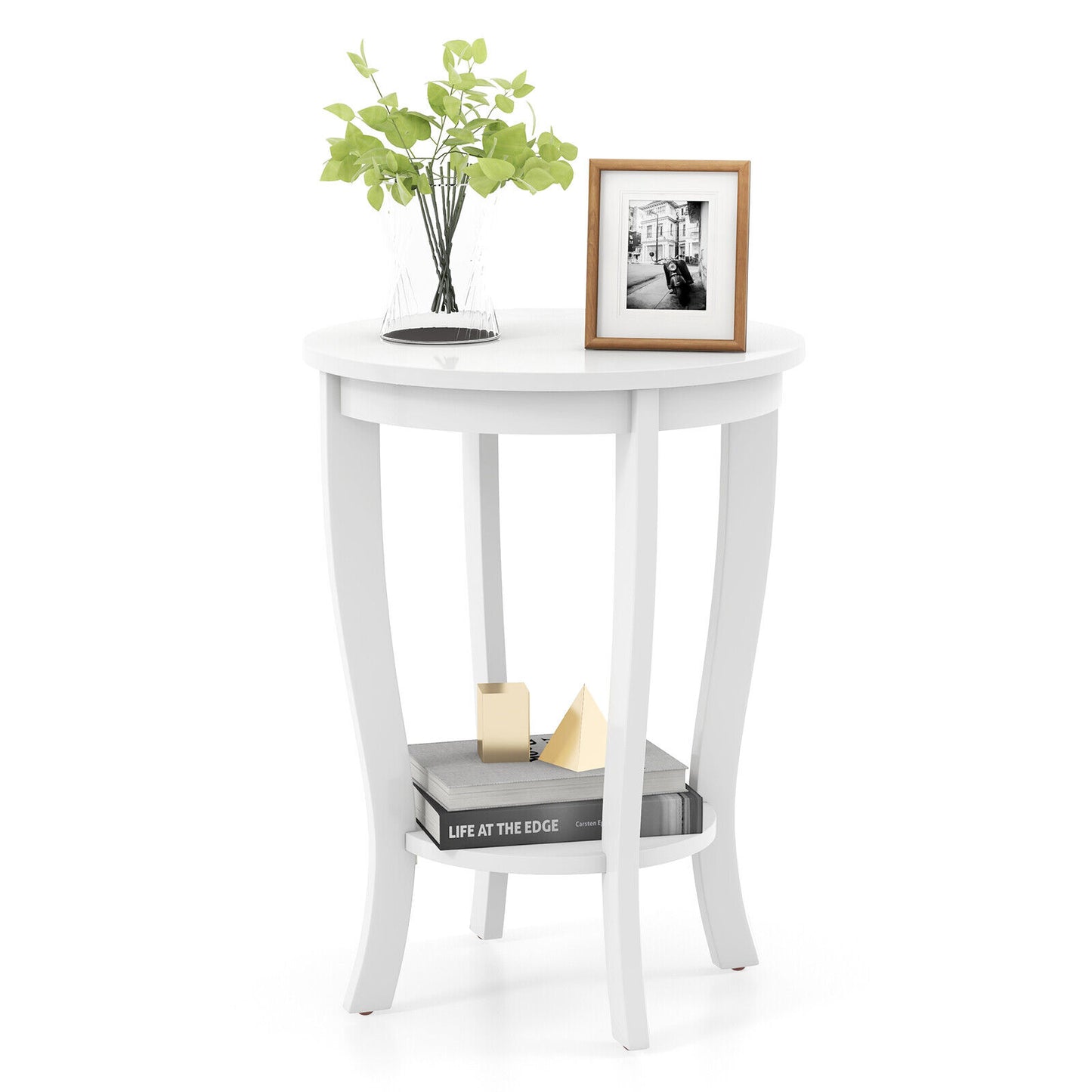 2-tier Round End Table with Solid Wood Legs-Brown - White
