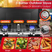 3 Burner Camping Stove 20000 BTU Portable Foldable Propane Stove With Toast Tray Windshield Portable Handle Outdoor Cooking Gas Stove For RV Camping B
