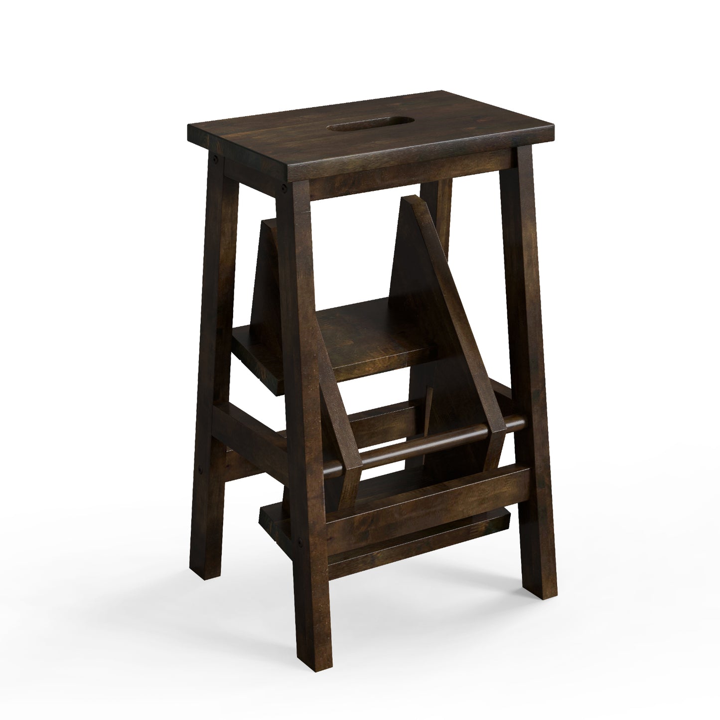3-in-1 Rubber Wood Step Stool with Convenient Handle-Brown - Brown