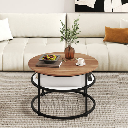 31.5 Inch Round Lift Top Coffee Table with Hidden Compartment and Side Shelves-Teak